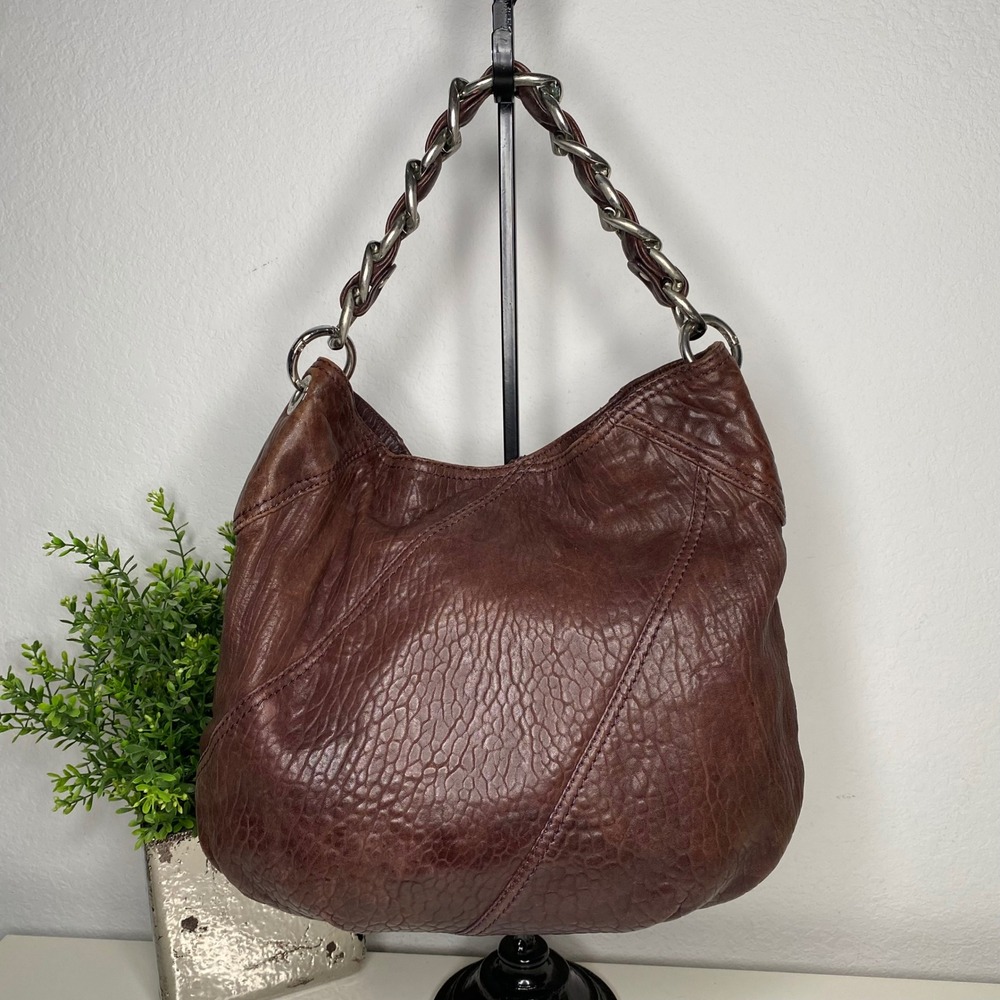 Michael Kors Brown Textured Leather Shoulder Bag Silver Chain Strap‎ Hobo Purse